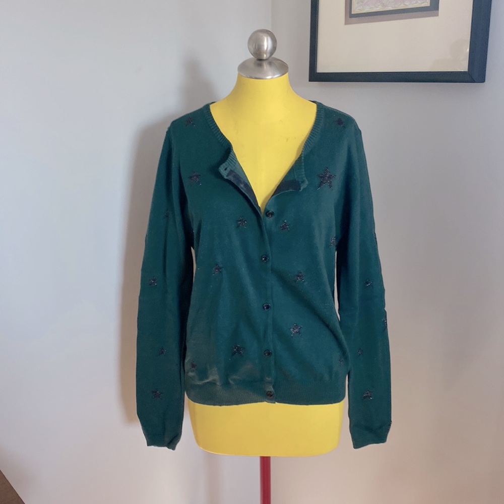 Maison Scotch, Cardigan long sleeve sweater. Green w/black stars, Size 4